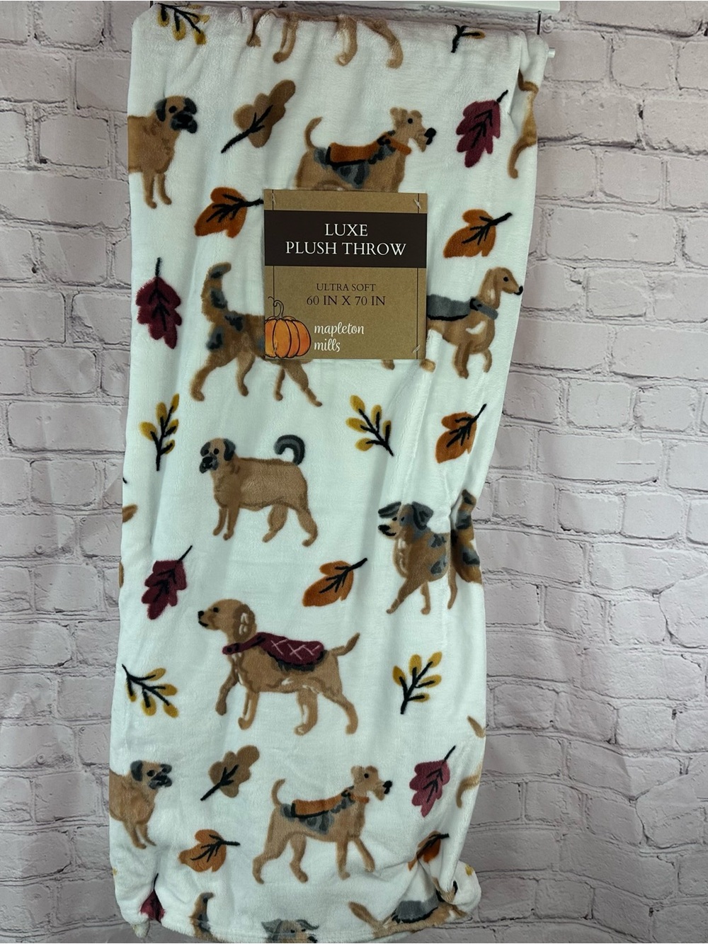 Plush Throw Blanket - Cream with Fall Dog Print